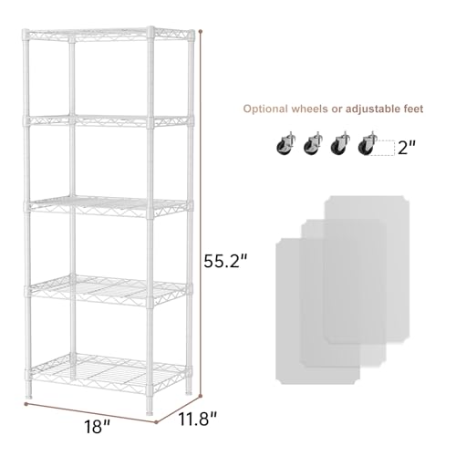 5 Small Wire Shelves Kitchen Pantry Close Home Organizers and Storage Bathroom Shelf Laundry Room Organization Adjustable Book Metal Garage Shelving Unit (White / 5-Tier 11.8"D X 17.3"W X 57.2"H)