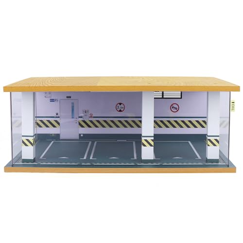 1 24 Parking Garage Model Car Garage Display Case with Clear Acrylic Cover and LED Lighting Toy Car Storage Tabletop Showcase for Boy Kids Home Toy Stores (3 Parking Space)