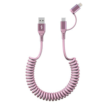 USB to USB C and Lightning Pink Car Charger Cable (Pink)