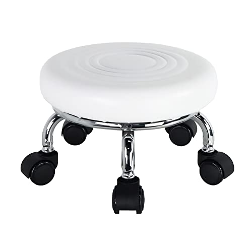 Roller Seat PU Leather Foot Stool Low Rolling Stool 360° Round Step Stool (White)