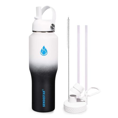 32oz Water Bottle Wide Mouth Stainless Steel Vacuum Insulated Double Wall with 2 Straw Lids Fit in Any Car Cup Holder (Day&Night / 32 Ounces)