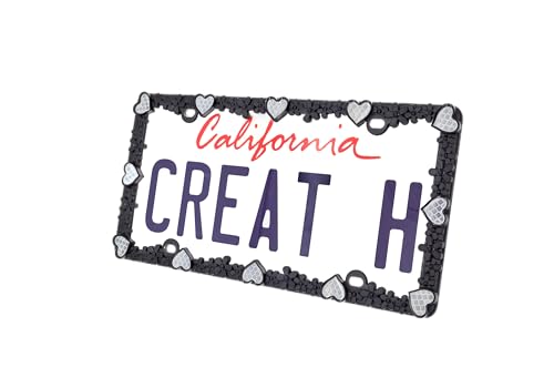 3D Daisy Heart License Plate Frame from Pure Zinc Alloy Metal Perfect Plate Holder (Matt Black with Silver Reflective Heart)