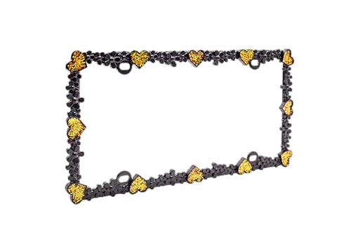 3D Shining Daisy Heart License Plate Frame from Pure Zinc Alloy Metal Perfect Plate Holder (Matt Black with Gold Glitter, Luminously Heart)