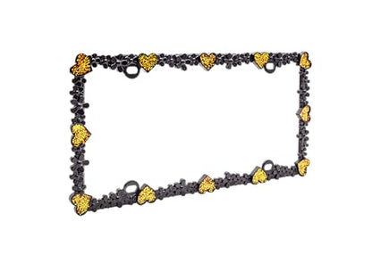 3D Shining Daisy Heart License Plate Frame from Pure Zinc Alloy Metal Perfect Plate Holder (Matt Black with Gold Glitter, Luminously Heart)