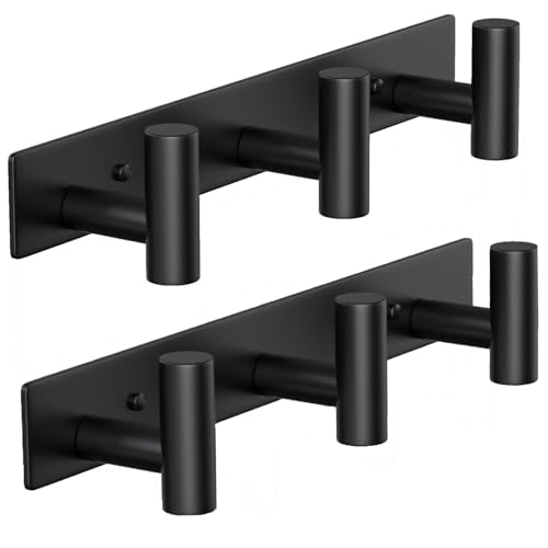 Coat Rack Wall Mounted ("T" Shape 3 Hooks - 2 Pack / Black)