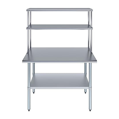 Stainless Steel Work Table Wide Double Tier Overshelf (24" x 48" Work Table + 12" Overshelf)