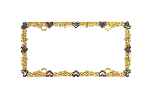 3D Shining Daisy Heart License Plate Frame from Pure Zinc Alloy Metal Perfect Plate Holder (Matt Gold with Black Glitter, Luminously Heart)