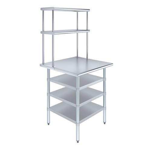 30" x 30" Stainless Steel Work Table with 3 Shelves and 12" Wide Double Tier Overshelf (30" x 30" Table with 3 Shelves + 12" Overshelf)