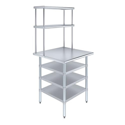 30" x 30" Stainless Steel Work Table with 3 Shelves and 12" Wide Double Tier Overshelf (30" x 30" Table with 3 Shelves + 12" Overshelf)