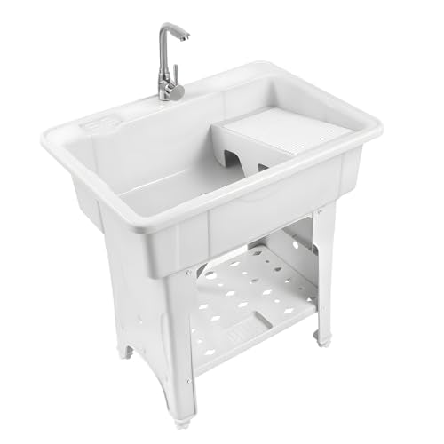 Freestanding Utility Sink Plastic Laundry Tub Sink with Storage Shelf Indoor Outdoor Slop Sink Wash Station for Bathroom Laundry Washing Room (E / White-31.5*22.05*31.5in)