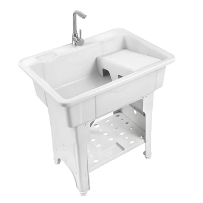 Freestanding Utility Sink Plastic Laundry Tub Sink with Storage Shelf Indoor Outdoor Slop Sink Wash Station for Bathroom Laundry Washing Room (E / White-31.5*22.05*31.5in)