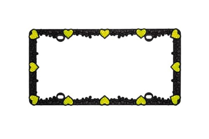 3D Daisy Heart License Plate Frame from Pure Zinc Alloy Metal Perfect Plate Holder (Matt Black with Yellow Reflective Heart)