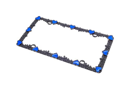 3D Daisy Heart License Plate Frame from Pure Zinc Alloy Metal Perfect Plate Holder (Matt Black with Blue Reflective Heart)