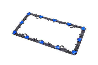 3D Daisy Heart License Plate Frame from Pure Zinc Alloy Metal Perfect Plate Holder (Matt Black with Blue Reflective Heart)