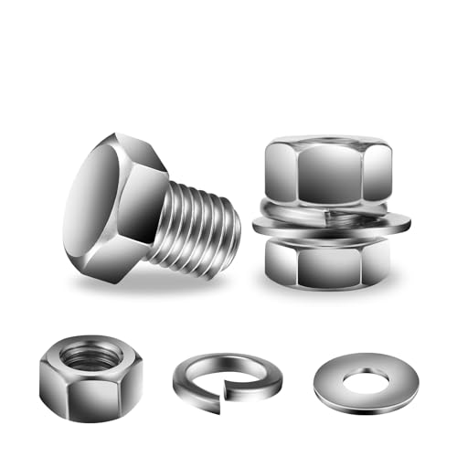 3/8-16 x 1/2" Hex Head Screw Bolt, Nuts, Flat & Lock Washers, 10Pcs 18-8 (304) Stainless Steel, Fully Threaded, by SG TZH (3/8-16 x 1/2" / Silver)