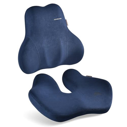 Memory Foam Car Seat Cushion and Lumbar Support Pillow for Car (Blue / 2 Pieces)