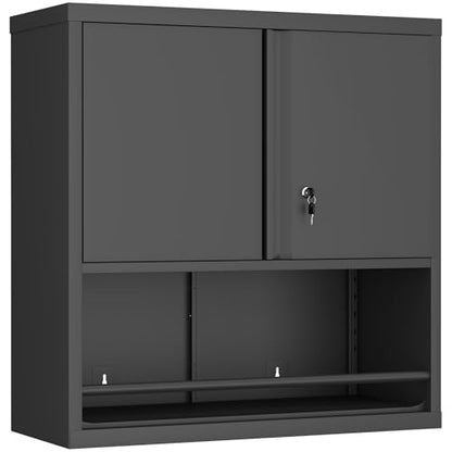 Locking Metal Garage Wall Cabinet with Doors and Shelf (Black / 31"H)