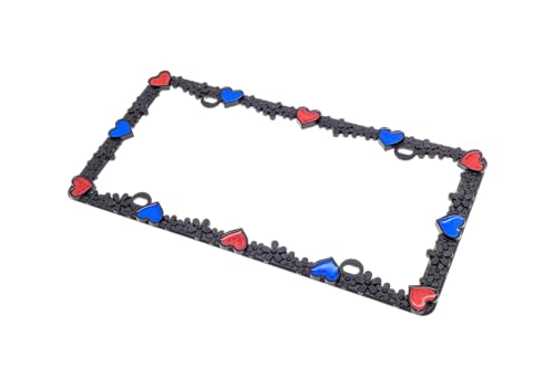 3D Daisy Heart License Plate Frame from Pure Zinc Alloy Metal Perfect Plate Holder (Matt Black with Blue and Red Reflective Heart)