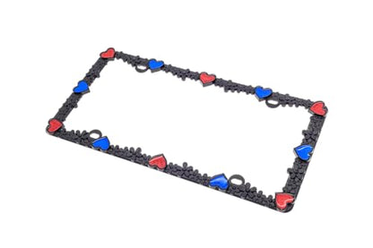 3D Daisy Heart License Plate Frame from Pure Zinc Alloy Metal Perfect Plate Holder (Matt Black with Blue and Red Reflective Heart)