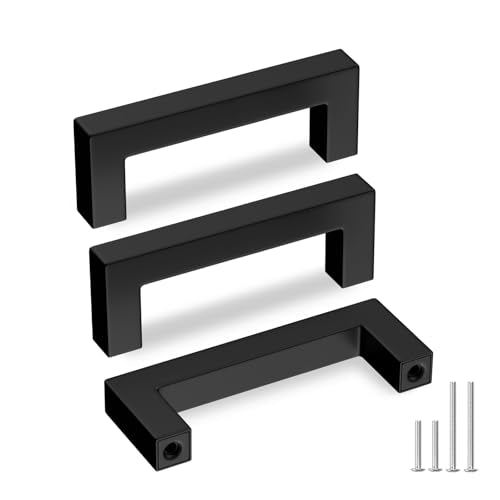 10 Pack Black Square Bar Cabinet Pull Drawer Handle Stainless Steel Modern Hardware for Kitchen Bathroom Cabinets Cupboard (Matte Black / 3 Inch Hole Centers)