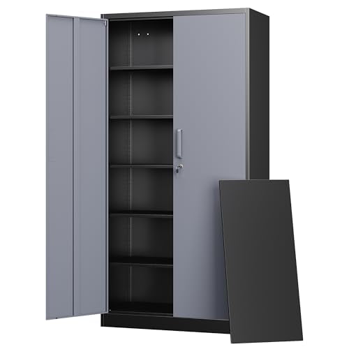Metal Storage Cabinets with Lock Door and 5 Adjustable Shelves (71 X 32 X 16 In(H X W X D) / Black Grey)