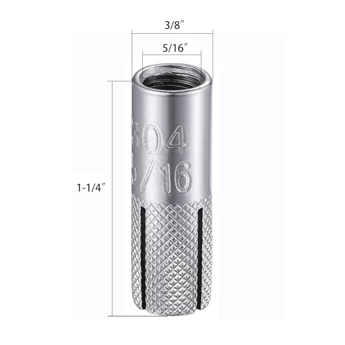 100 pcs) 5/16"-18 Premium Stainless Steel Drop in Anchors Assortment, Knurled Drop-in-Anchor for Solid Concrete, Internal Forced Expansion Screw Bolts (5/16"-18 / SS)