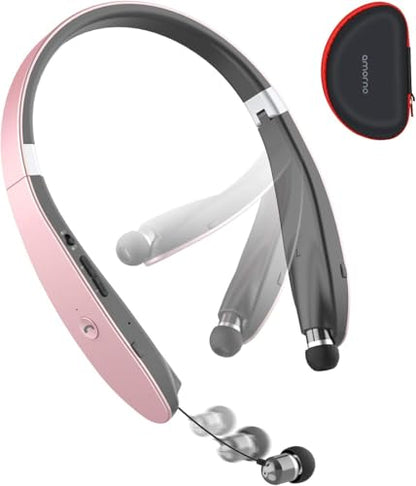Foldable Bluetooth Headphones Wireless Neckband Headset with Retractable Earbuds (Rose Gold)