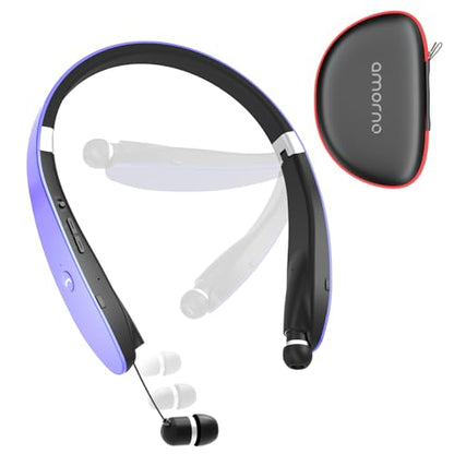Foldable Bluetooth Headphones Wireless Neckband Headset with Retractable Earbuds (Purple)