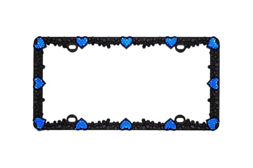 3D Daisy Heart License Plate Frame from Pure Zinc Alloy Metal Perfect Plate Holder (Matt Black with Blue Reflective Heart)