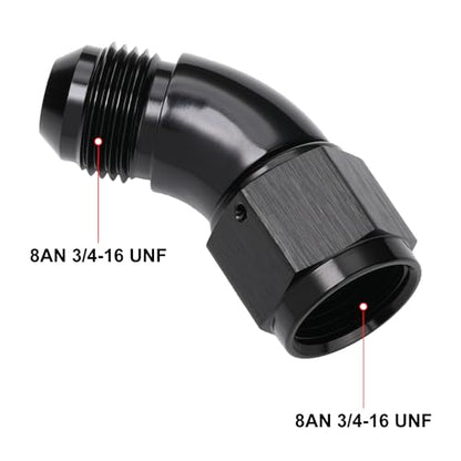 45 Degree 8AN Male to 8AN Female Swivel Full Flow Fitting Adapter Coupler Aluminum Black (8AN / Black - 45 Degree)