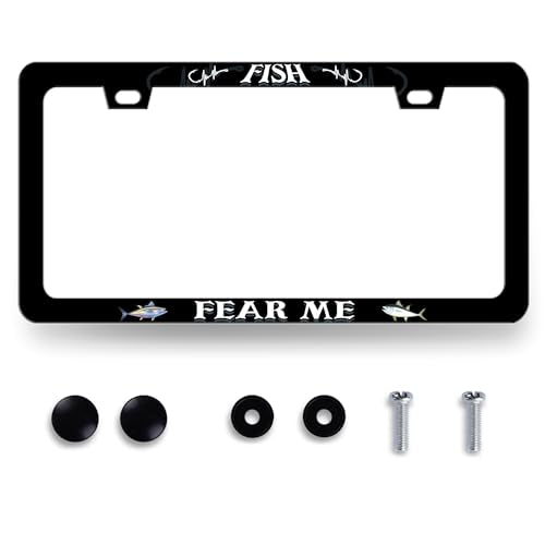 Stainless Steel Funny Fish Text License Plate Frame 12.3 x 6.3 Inch (Funny Fish Fear Me)