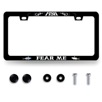 Stainless Steel Funny Fish Text License Plate Frame 12.3 x 6.3 Inch (Funny Fish Fear Me)