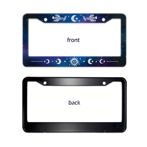 Galaxy License Plate Frame Sun Doves Moon Phase Blue Starry Sky Night Car Tag Holders Cover Metal Aluminum Rustproof Star Car Accessories for Women with Screw Caps (Starry Sky Sun Moon)