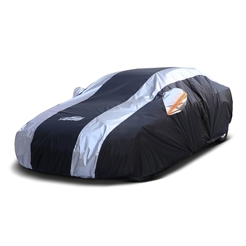 Small Car Cover Waterproof All Weather Protection with Silver Stripe Design (1-C1 Fit Sedan Length up to 178 inch)