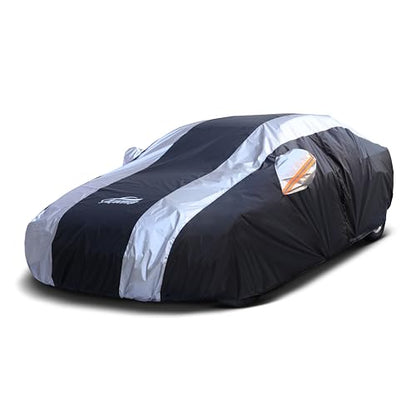 Small Car Cover Waterproof All Weather Protection with Silver Stripe Design (1-C1 Fit Sedan Length up to 178 inch)