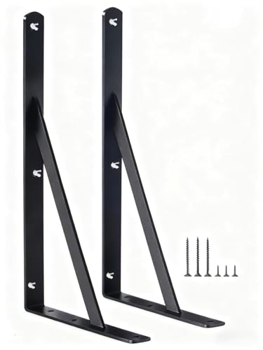 2 Pack L14 x H 10" Black Heavy Duty Shelf Brackets with Screws Metal Shelf Brackets Shelf Support Angle Brackets for Shelves L Brackets Heavy Duty Floating Shelf (2 Pack-Black / 14''x10'')