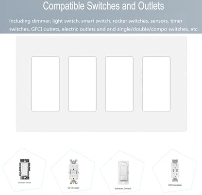 4 Gang Screwless Decora Wall Plate Cover Switch Outlet Electrical Faceplate for Light Switche (2 Pack / 4-Gang Decora-White)