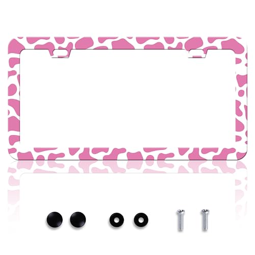 Pink Cow Print Animal License Plate Frame Stainless Steel 6x12 Inch 2 (Pink Cow Print)