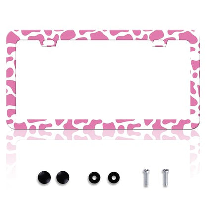 Pink Cow Print Animal License Plate Frame Stainless Steel 6x12 Inch 2 (Pink Cow Print)