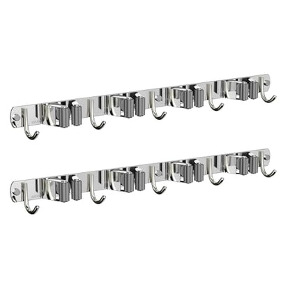 2 Pack Mop and Broom Holder Wall Mount for Kitchen Garage Laundry Room (Silver / 2 Pack 4 Racks with 5 Hooks)