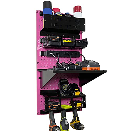 Power Tool Storage Organizer Kit Cordless Drill Holder Charging Station Rack 16” x 32” Metal Pegboard Organization System (Pink Pegboard)