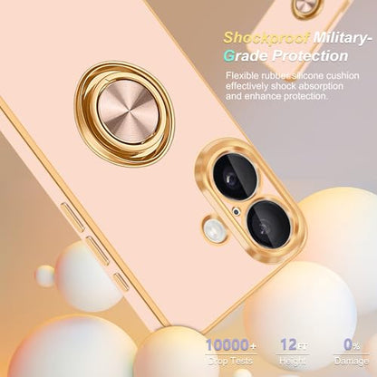 for iPhone 16 Case 360° Rotatable Ring Holder Magnetic Kickstand (For iPhone 16(6.1 inch,2024) / D-Rose Gold)