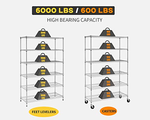 6 Tier Wire Shelf with Wheels (Chrome / 18"D x 48"W x 77"H)