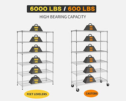 6 Tier Wire Shelf with Wheels (Chrome / 18"D x 48"W x 77"H)