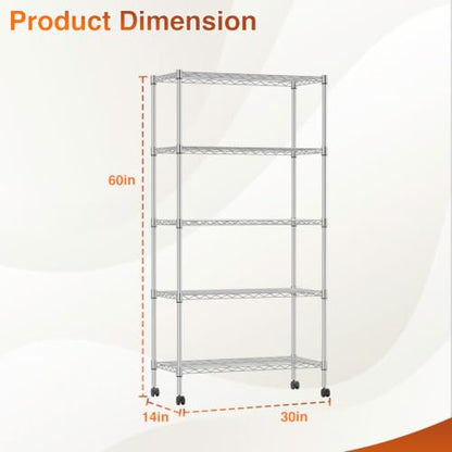 5 Tier Wire Shelf with Wheels (Chrome / 14"D x 30"W x 60"H)