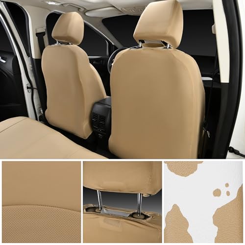 Cow Print Faux Leather Car Seat Covers & Cow Car Mats & Cow Steering Wheel Cover Seat Belt Pads Universal fit for SUV (Cow Print Beige)