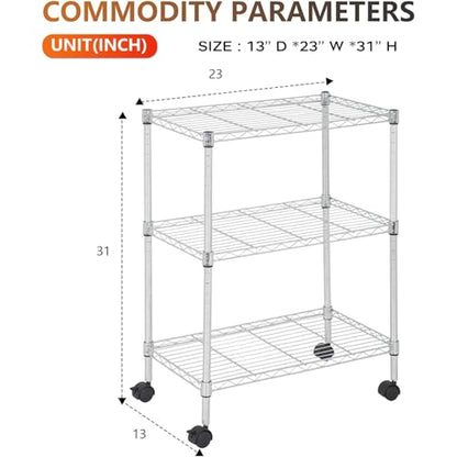 3 Tier Wire Shelf with Wheels (Chrome / 23"D x 13"W x 31"H)
