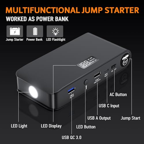 4000A 12V Car Battery Jump Starter 16000mAh for Car Boat Lawnmower (16000mAh-Black)