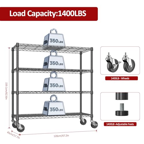 4 Tier Adjustable Heavy Duty Metal Storage Shelving Unit (4 Tier, 17.7" D x 47.2" W x 59.1" H / Black)