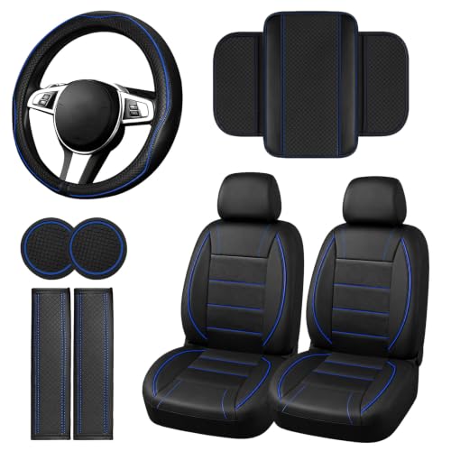 10 PCS Leather Car Seat Covers Front Seats Set (Steering Wheel Cover Set / Black and blue)